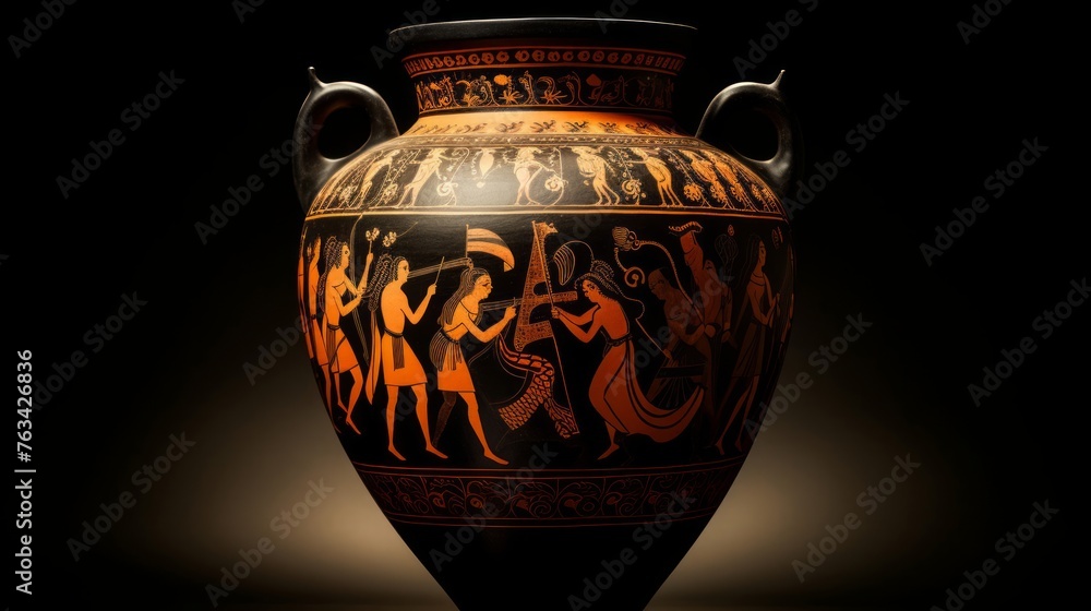 Ancient amphora black-figure scenes of mythological battles detailed art
