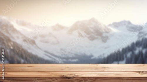 The empty wooden table top with blur background of Alpine with snow capped. Exuberant image. generative ai © Summit Art Creations