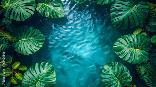 Tropical leaves on dark blue water background. Top view.
