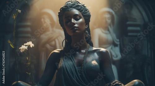 Statue of mystical oracle meditation pose encircled by auras of energy photo