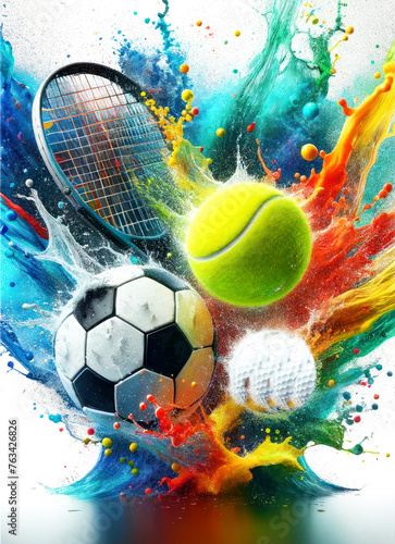 Golf ball, tennis ball and a soccer ball in colorful water splashes