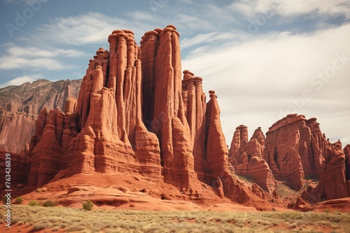 Towering red rock formations creating a striking natural vista