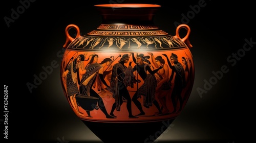 Greek amphora with red-figure art of symposium revelers musical scene