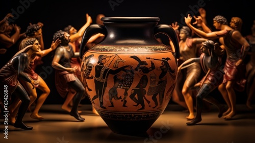 Red-figure pottery on amphora depicts lively symposium musicians wine