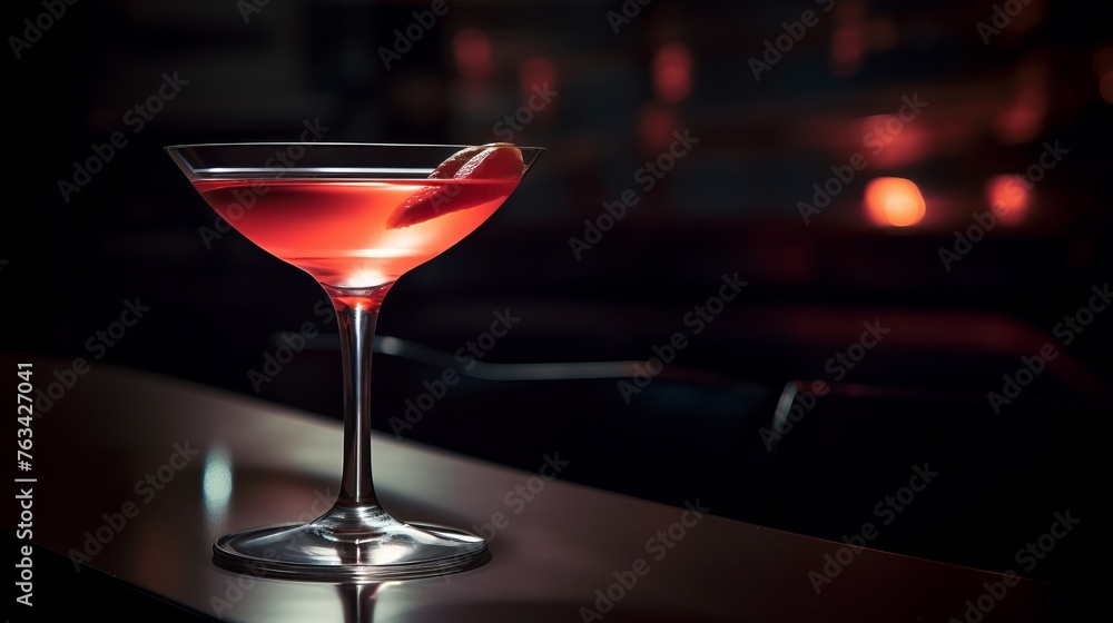 Alcohol drink. Classic cosmopolitan cocktail in a glamorous bar.