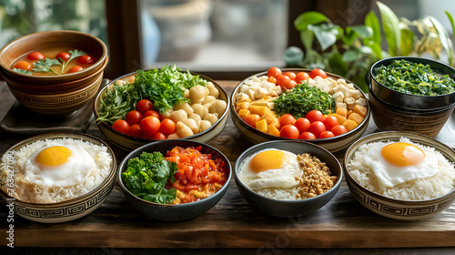 Healthy breakfast bowl on wooden table. Rice, egg, vegetables, herbs and fruits.