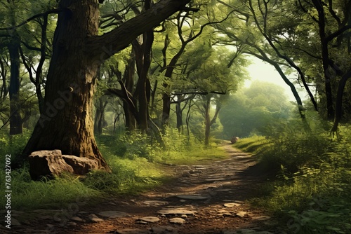 Tranquil forest path leading through a serene natural environment