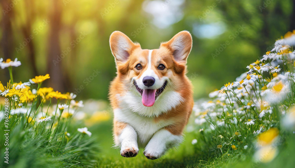 A dog pembroke welsh corgi with a happy face runs through the colorful lush spring green grass