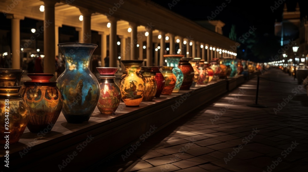 Depicts an ancient Greek marketplace at night bustling and lantern-lit on amphora