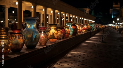 Depicts an ancient Greek marketplace at night bustling and lantern-lit on amphora