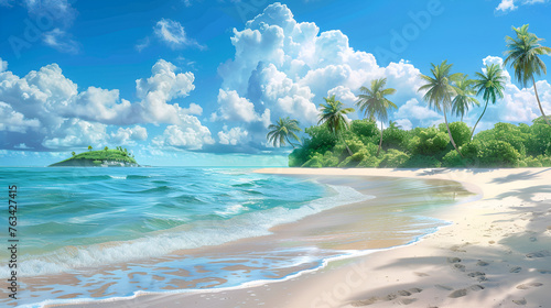 Sandy Tropical Beach with Island on Background