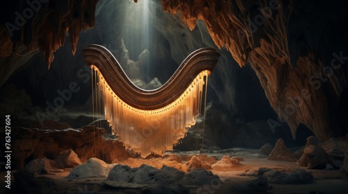 Lyre's music reverberates in cave forming glowing crystals enchanting light photo