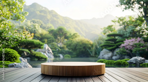 A wooden round table with a view of a forest and a lake. The table is empty and surrounded by trees