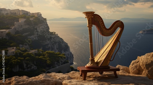 Lyre's music on cliff brings forth breathtaking transformations in mythical land photo