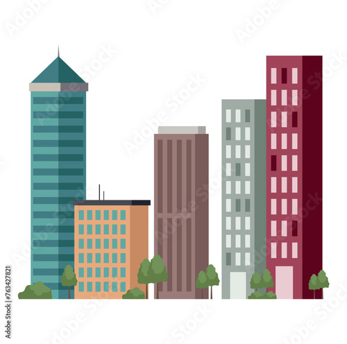 Image of City buildings. This image captures the essence of a cityscape in a fun and lively cartoon style, adding brightness to any setting on a white background. Vector illustration.