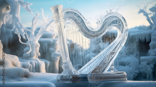 Music from ice lyre freezes air creating beautiful surrounding ice sculptures photo
