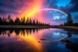 Stunning rainbow reflected in the calm waters of a picturesque lake