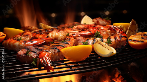 A image of a grill sizzling with a variety of seafood, including shrimp, scallops, and fish fillets, perfect for showcasing barbecue seafood delights.