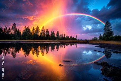 Stunning rainbow reflected in the calm waters of a picturesque lake © KerXing