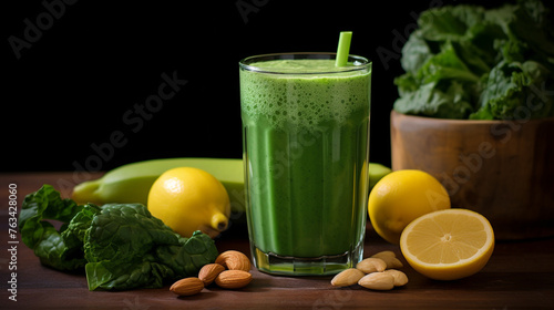 A image of a low-calorie and nutrient-packed green smoothie, made with spinach, kale, banana, and almond milk.