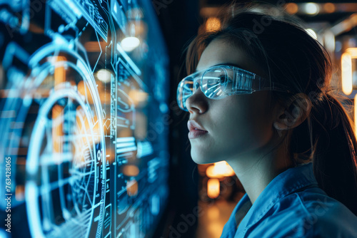 A woman wearing goggles is looking at a computer screen with a blue background. Concept of technology and innovation, as the woman is focused on the screen. The blue background suggests a modern © Kowit