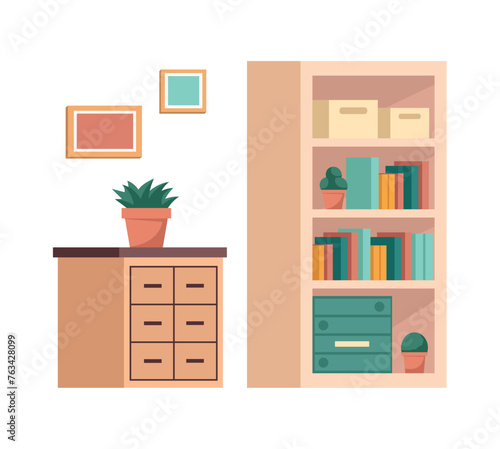 Image of office furniture background. Classic office furniture with a charming cartoon pattern brings a lively and cheerful atmosphere to the interior of the workplace. Vector illustration.