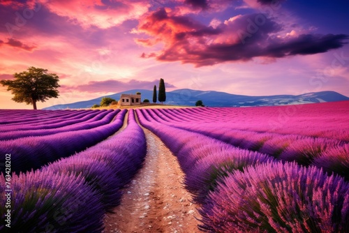 A road surrounded by vibrant lavender fields under blue sky