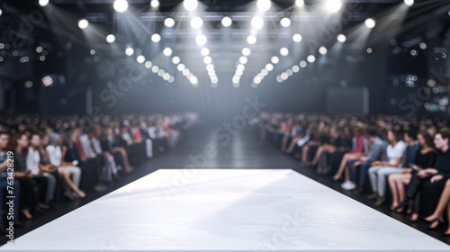 A runway with a white dress on it and a crowd of people sitting in the audience. Scene is one of anticipation and excitement as the audience waits for the model to appear on the runway