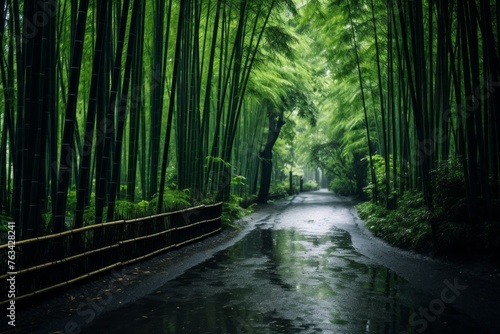 A road through a lush bamboo grove, creating a calming atmosphere