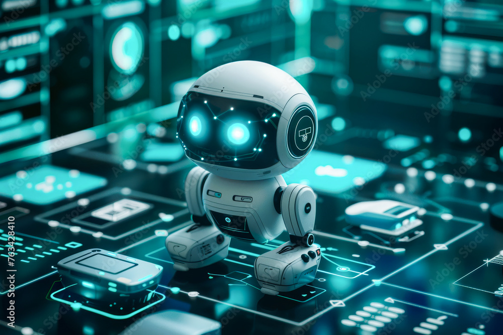 A robot is standing on a computer screen with a blue background. The robot is surrounded by many other computer icons and buttons. Scene is futuristic and technological A robot is standing on a computer screen with a blue background. The robot is surrounded by many other computer icons and buttons. Scene is futuristic and technological