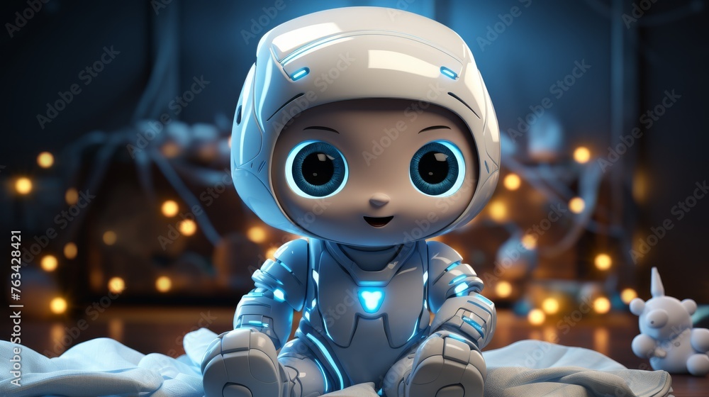 Small Robot Sitting on Bed Small Robot Sitting on Bed