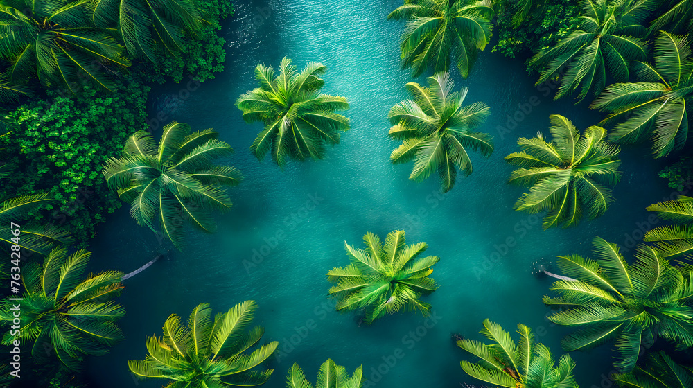 Top view of palm trees on the tropical beach. Nature background. Top view of palm trees on the tropical beach. Nature background.