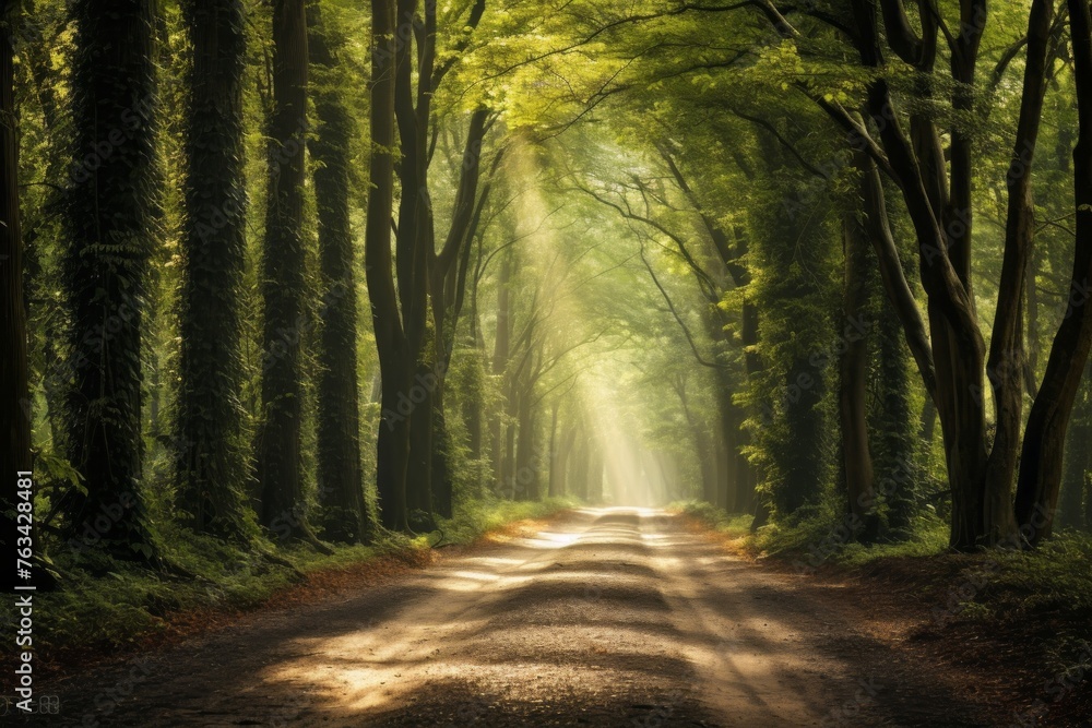 Fototapeta premium A rural dirt road bordered by tall trees, creating a natural tunnel