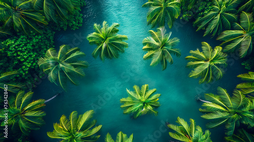 Top view of palm trees on the tropical beach. Nature background.