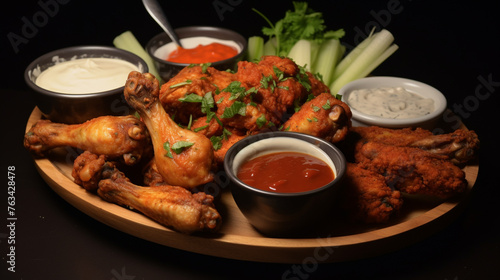 A image of a plate of crispy chicken wings with various dipping sauces, a favorite at gatherings and parties.