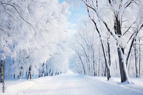 A snow-covered road in a winter wonderland, perfect for holiday themes