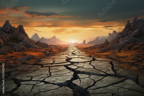 A stark, barren landscape with earth's surface split into cracks