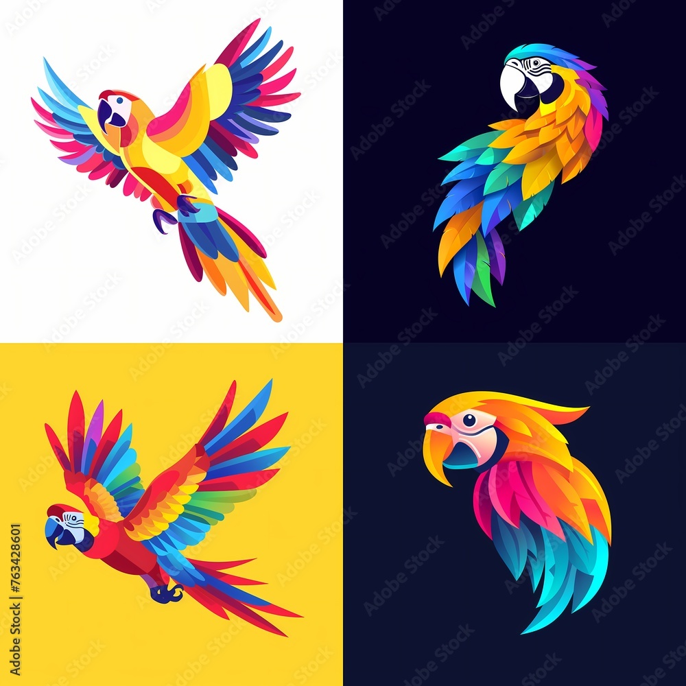 A lively and vibrant flat illustration vector logo of a cheerful parrot, radiating joy with its colorful plumage.