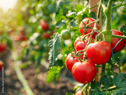 A bunch of ripe red tomatoes hanging from a plant. The tomatoes are ripe and ready to be picked