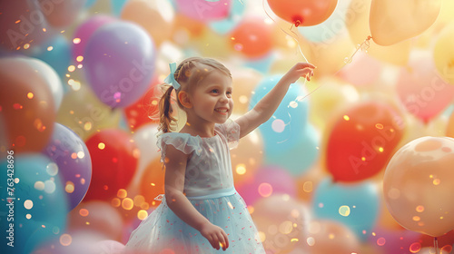 Joyful young girl with a cluster of pastel balloons on a bright, sunny day ,Portrait of the cute little girl in retro style over balloons background