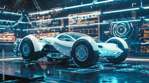A futuristic car is shown in a futuristic setting. The car is white and has a sleek design. The setting is a futuristic space with a lot of technology and machinery