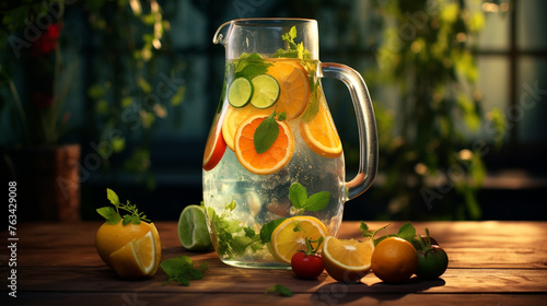 A  image of a refreshing fruit-infused water pitcher, with slices of citrus fruits and herbs, promoting hydration and wellness.
