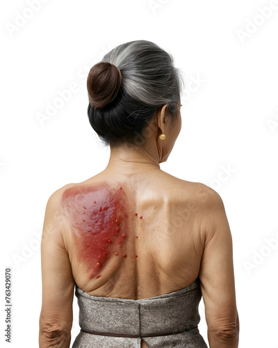 Boil infection on the back shoulder of an elderly asian woman on transparent background photo