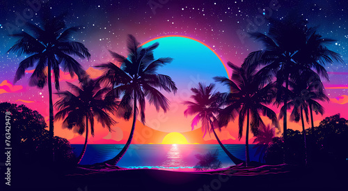Neon vaporwave sunset with palm trees © ginstudio