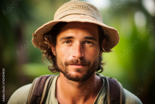 AI generated photo image of handsome man traveler wanderlust tropical exotic forest expedition © Tetiana