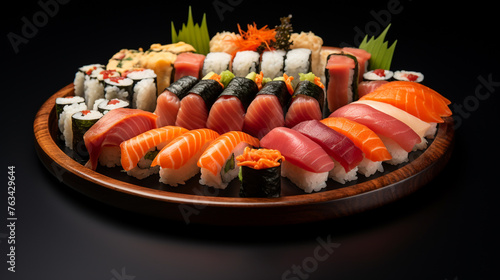 A image of a sushi platter featuring a variety of rolls, including tuna, salmon, and eel, perfect for Japanese dining visuals.
