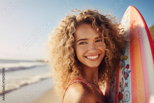 Generative AI portrait of cheerful charming girl having fun on summer vacation tropical beach © Tetiana