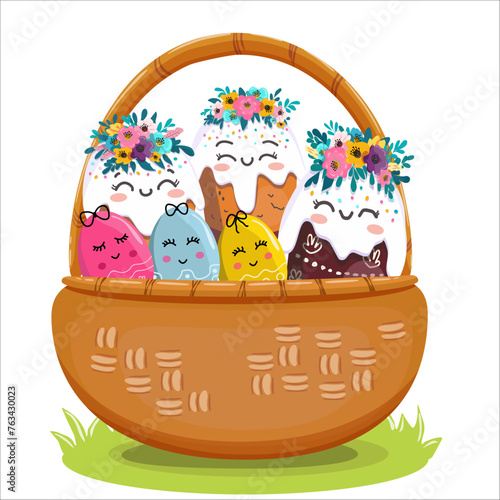 Vector illustration of a set of Easter kulichi with eggs in a basket. On light background for postcards, banners.