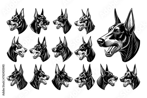 Profile side view of dobermann dog head design vector set