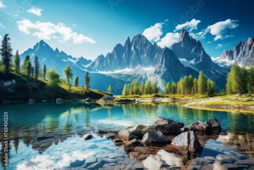 Rocky mountain sky background with a crystal-clear alpine lake